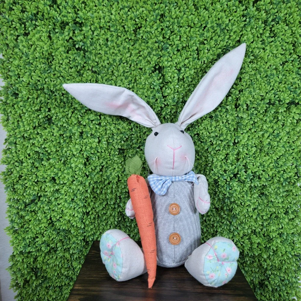 Grey Fabric Easter Bunny Figurine Weighted Shelf Sitter with Carrot and Bow Tie